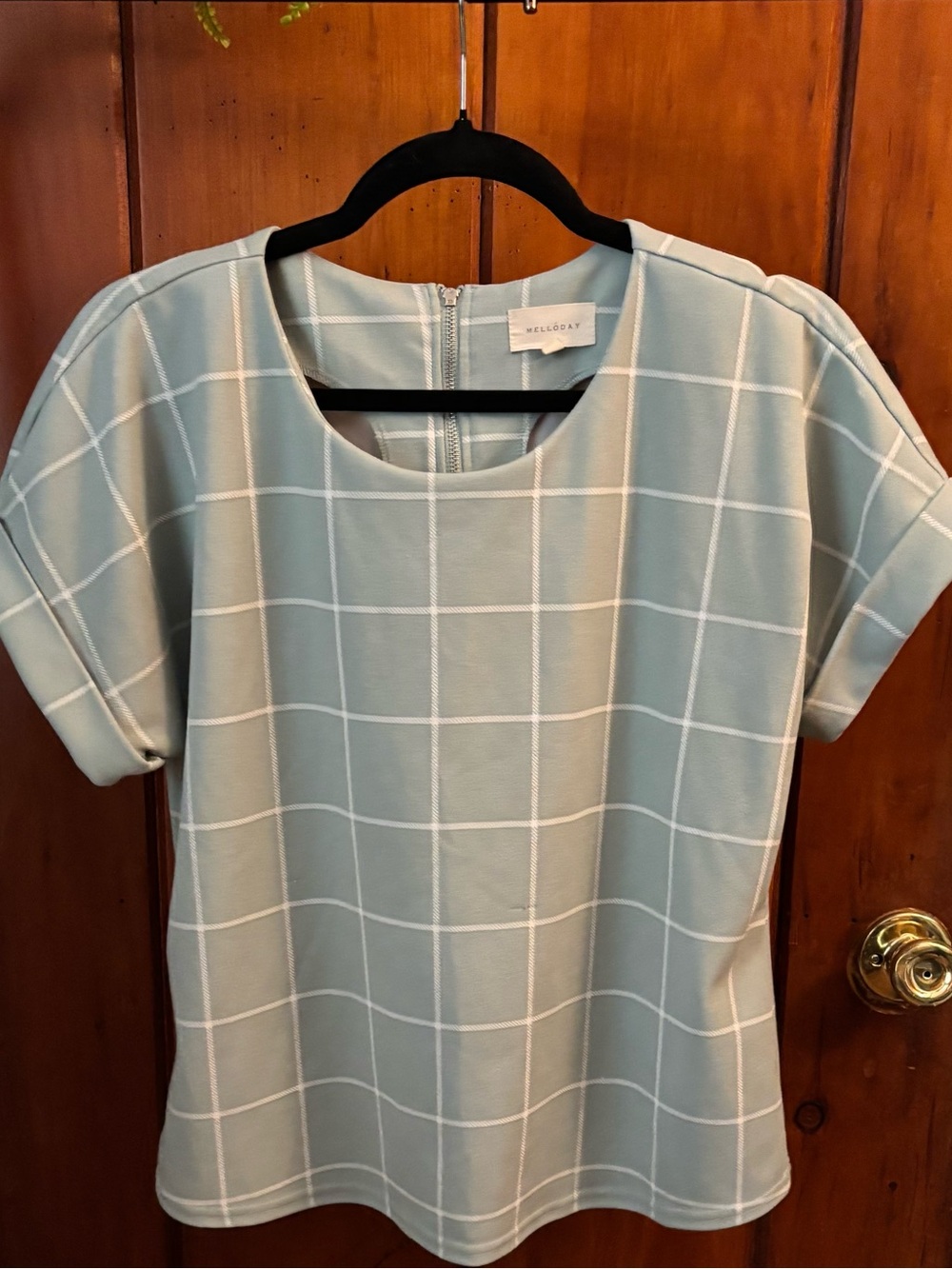 MELLODAY Sage Green Windowpane Short Sleeve Blouse